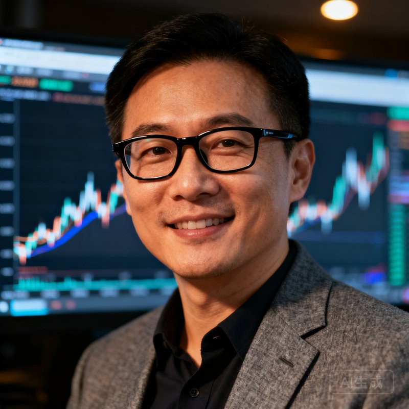 华体会体育联合创始人林伟明，前ESPN亚洲区数据分析师，戴着黑框眼镜，穿着灰色西装外套站在数据屏幕前，表情专注而自信